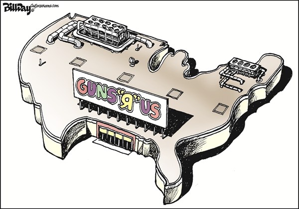 COLOR Guns R Us © Bill Day,Cagle Cartoons,guns,crime,America,buy,waiting period,conceal,weapon