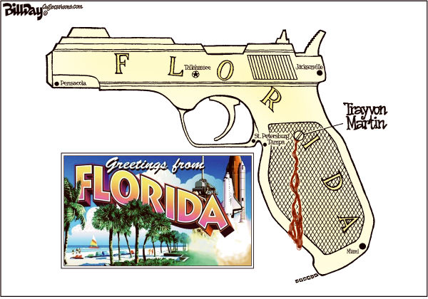 Bill Day - Cagle Cartoons - Welcome to Florida - English - Trayvon Martin, Stand Your Ground law, guns, Florida