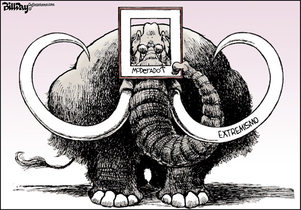 Bill Day - Cagle Cartoons - La GRAN Foto - Spanish - GOP,Republicanos,Conservadores,Elefante,extremismo,mamut,lanudo,eleccion