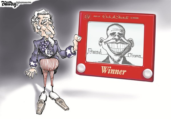 Bill Day - Cagle Cartoons - The Winner - English - Obama, election day, Uncle Sam, etch-a-sketch, vote