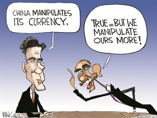 Manipulate Currency © Chip Bok,The Akron (Ohio) Beacon Journal,currency,obama,romney,manipulate,money,final-election-countdown