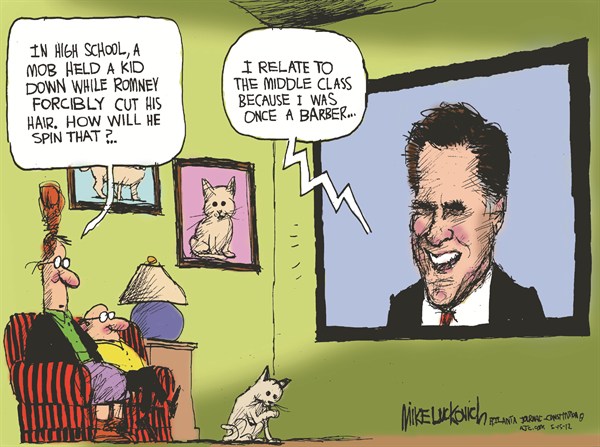 Romney the Barber © Mike Luckovich,The Atlanta Journal Constitution,romney,bully,school,barber,campaign,election,hair