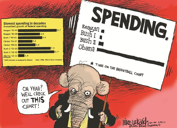 Obamas Spending © Mike Luckovich,The Atlanta Journal Constitution,obama,spending,reagan,bush,basketball,spending,president