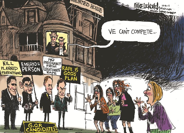 Haunted House © Mike Luckovich,The Atlanta Journal Constitution,planned parenthood,rape,god,candidates,house,haunted,women,women-voters,political-halloween