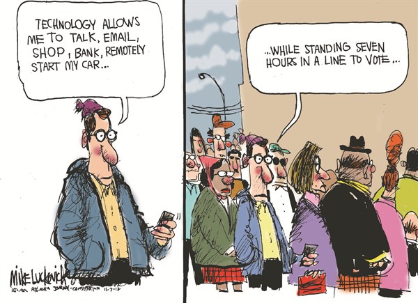 Waiting to Vote © Mike Luckovich,The Atlanta Journal Constitution,voters 2012,storm,hurricane,cell phone,storm-voters