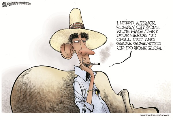 Chill Out © Michael Ramirez,Investors Business Daily,obama,romney,weed,smoke,bully,school,campaign,election