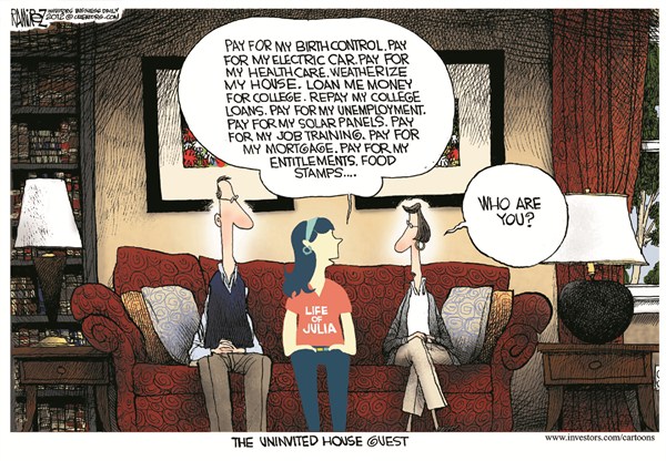 Uninvited House Guest © Michael Ramirez,Investors Business Daily,food stamps,health care,food,college,jobs,unemployment