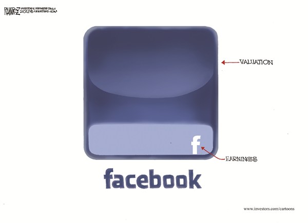 Facebook © Michael Ramirez,Investors Business Daily,facebook,falls,earnings,valuation,stock,ipo,wall street