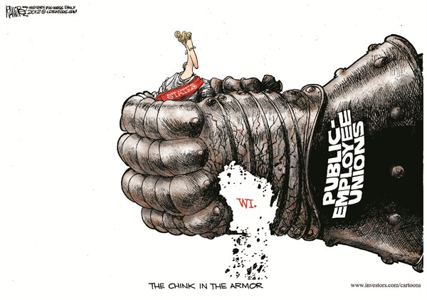 Chink in the Armor © Michael Ramirez,Investors Business Daily,chink,armor,wisconsin,states,public,employees,union