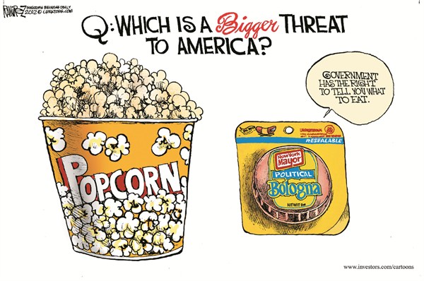 Bigger Threat to America © Michael Ramirez,Investors Business Daily,food,popcorn,bigger,threat,food,bologna,government,regulation