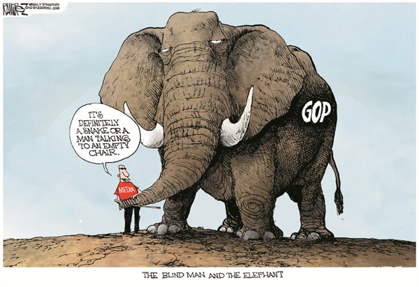 The Blind Man and the Elephant © Michael Ramirez,Investors Business Daily,blind,man,elephant,empty,chair,clint-eastwood,republican-convention-2012