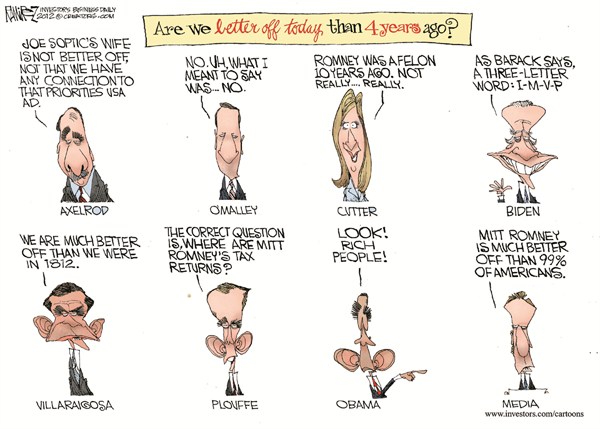 Four Years Ago © Michael Ramirez,Investors Business Daily,obama,cutter,romney,felon,rich,poor,work,money,four-years-ago