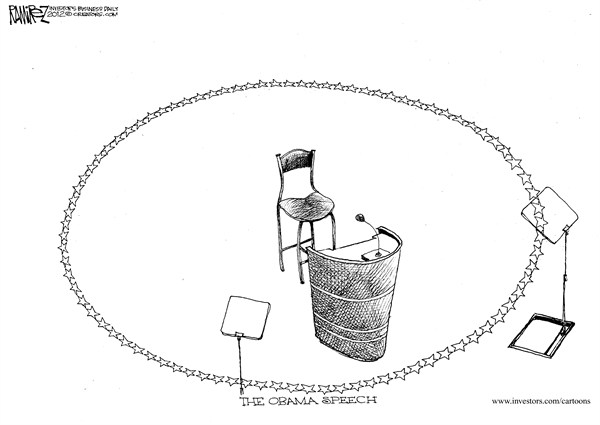 The Obama Speech © Michael Ramirez,Investors Business Daily,dnc,obama,speech,circle,empty,chair,campaign,election,democratic-convention-2012,obama-reelection