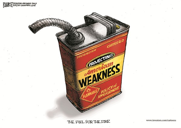 Fuel for the Fire © Michael Ramirez,Investors Business Daily,fuel,fire,carter,weakness,american,flammable