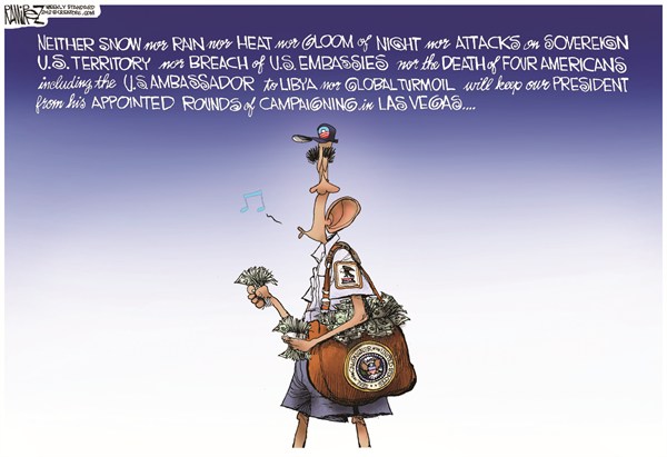 Vegas Campaigning © Michael Ramirez,Investors Business Daily,obama,vegas,attack,death,americans,sovereignty,campaign,election,libya-attacks