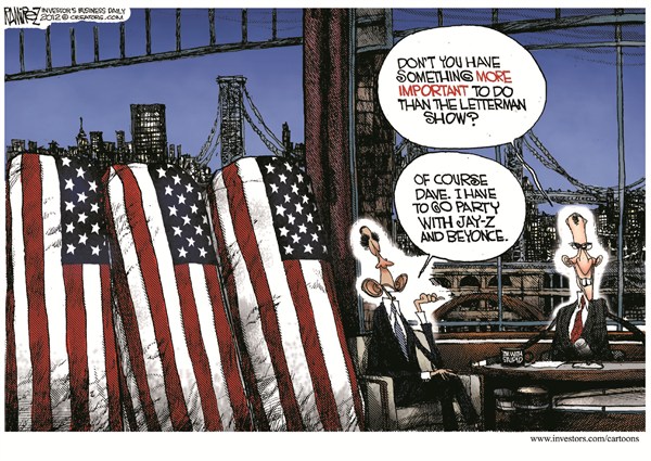 Obamas Agenda © Michael Ramirez,Investors Business Daily,obama,agenda,letterman,jay z,celebrity