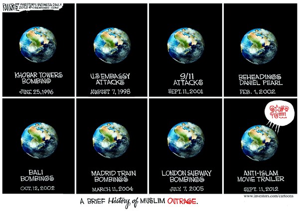 History of Muslim Outrage © Michael Ramirez,Investors Business Daily,Arab,Muslim,protests,arab-protests