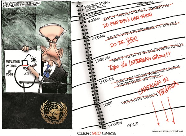 Clear Red Lines © Michael Ramirez,Investors Business Daily,obama,lines,letterman,campaign,virginia,view,tv