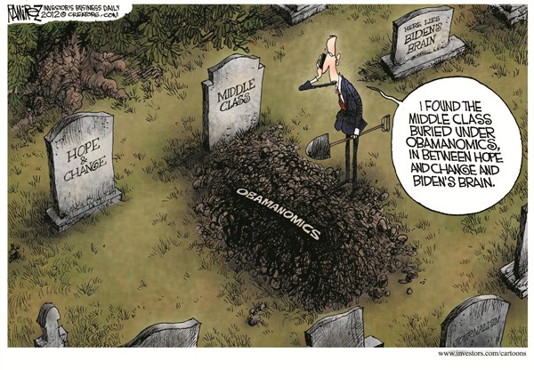 Obamanomics © Michael Ramirez,Investors Business Daily,obamanomics,middle class,hope,change,biden,brain