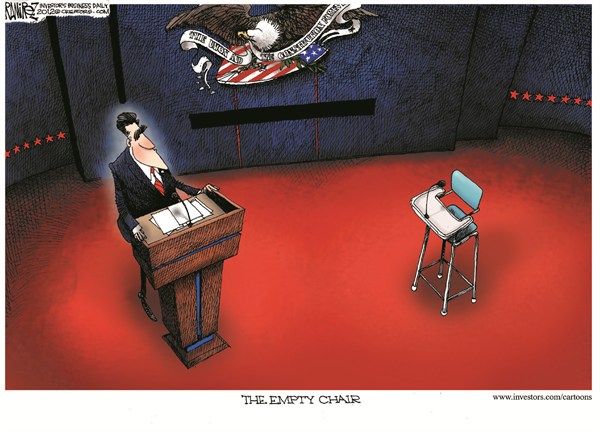 The Empty Chair © Michael Ramirez,Investors Business Daily,chair,empty,romney,debate,campaign,election,empty-chair,romney-obama-debate,romney-wins-debate