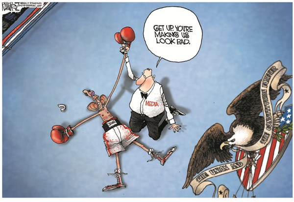 Obama Down © Michael Ramirez,Investors Business Daily,obama,debate,lose,campaign,election,obama-media-bias,obama-debate-skills
