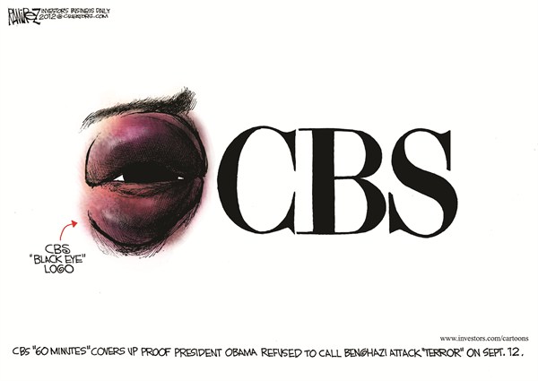 CBS Black Eye © Michael Ramirez,Investors Business Daily,benghazi coverup,inquiry,cbs,coverup,obama,press,proof