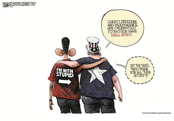 Free Stuff © Michael Ramirez,Investors Business Daily,romney,free,stuff,pay,taxpayers,four-more-years,obama-wins-2012,four more years, voters