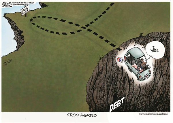 Crisis Averted © Michael Ramirez,Investors Business Daily,fiscal cliff,obama,spending,debt,fiscal-cliff-stopped,obama-debt