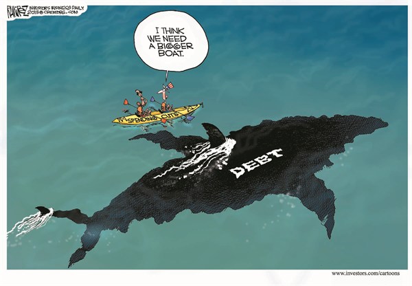 Debt Shark © Michael Ramirez,Investors Business Daily,debt ceiling,shark,debt,cuts,spending,obama,Debt Ceiling