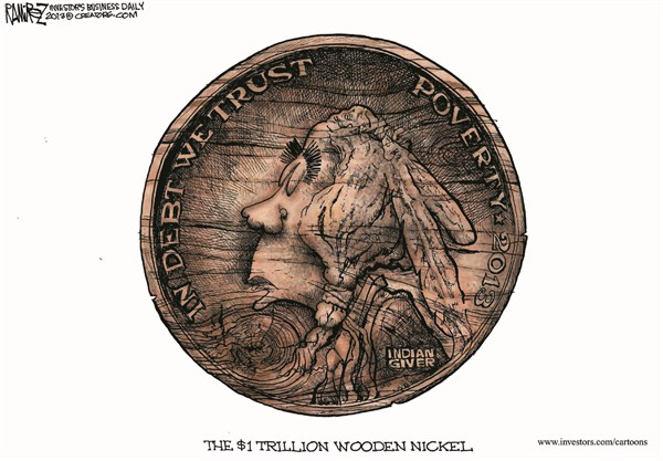 1 Trillion Wooden Nickel © Michael Ramirez,Investors Business Daily,trillion,dollar,coin,nickel,wooden,indian,giver,poverty,obama,trillion-dollar-coin
