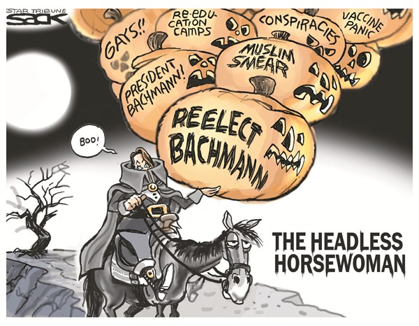 The Headless Horsewoman © Steve Sack,The Minneapolis Star Tribune,bachmann,election,gays,muslim,reelection,vaccine,political-halloween