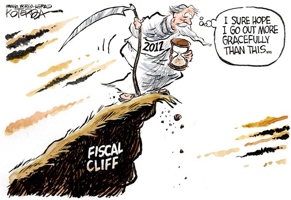 2012 Fiscal Cliff © Jeff Koterba,Omaha World Herald, NE,2012,end,father time,tax,new year 2013,fiscal cliff