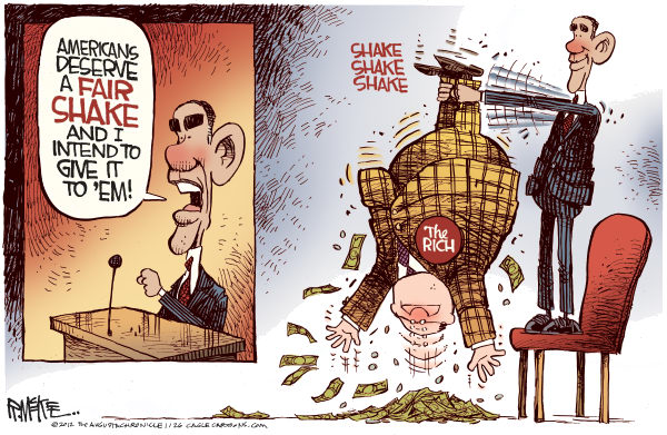 Rick McKee - The Augusta Chronicle - Obamas Fair Shake COLOR - English - Barack Obama, Obama, State of the Union, fair shake, tax the rich, soak the rich, fair share, class warfare, election 2012