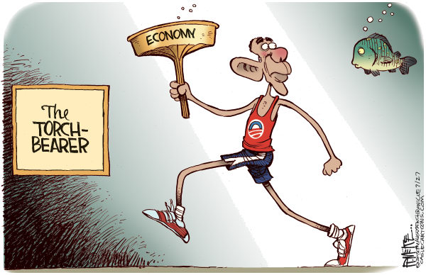 Obama the Torch Bearer © Rick McKee,The Augusta Chronicle,Obama, torch bearer, 2012 Olympics, Economy, unemployment