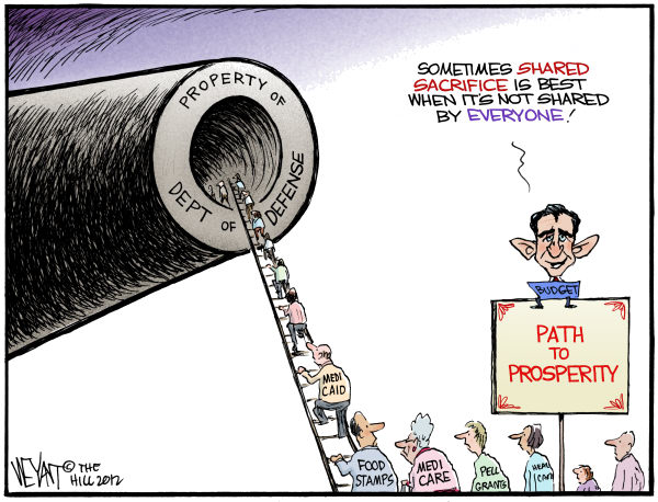 Path to Prosperity © Chris Weyant,The Hill,path to prosperity, GOP, Republicans, budget, deficit, cuts, medicare, medicaid, pell grants, social programs, social security, net, department of defense, DOD, military, tea party, 2012, cannon, food stamps, health care, healthcare, Paul Ryan
