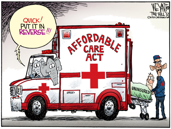 Health Care in Reverse © Christopher Weyant,The Hill,GOP, Republicans, ambulance, health-care, healthcare, Barack Obama, Affordable Care Act, patient, uninsured, reverse, reversal, repeal, John Boehner, Congress, House of Representatives, Tea Party